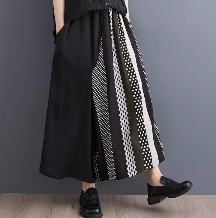 Korean Style Color Matching Versatile Slim Casual Wide Pants Skirt 韓版時尚拼色百搭顯瘦大尺碼休閒九分寬褲裙