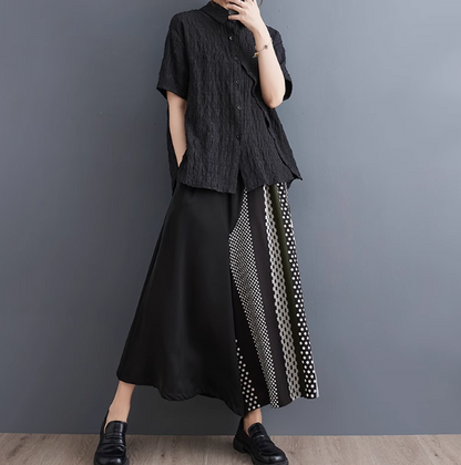 Korean Style Color Matching Versatile Slim Casual Wide Pants Skirt 韓版時尚拼色百搭顯瘦大尺碼休閒九分寬褲裙