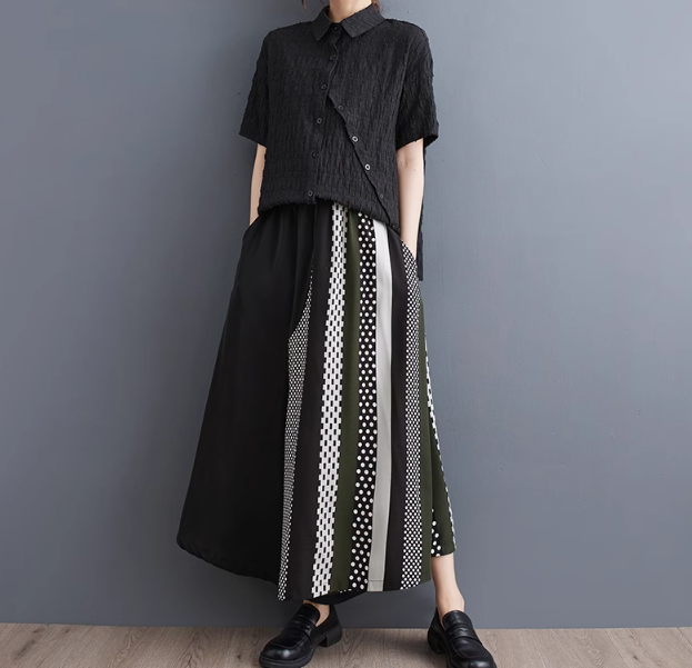 Korean Style Color Matching Versatile Slim Casual Wide Pants Skirt 韓版時尚拼色百搭顯瘦大尺碼休閒九分寬褲裙