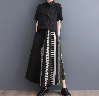Korean Style Color Matching Versatile Slim Casual Wide Pants Skirt 韓版時尚拼色百搭顯瘦大尺碼休閒九分寬褲裙