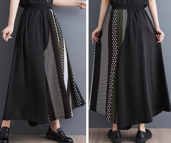 Korean Style Color Matching Versatile Slim Casual Wide Pants Skirt 韓版時尚拼色百搭顯瘦大尺碼休閒九分寬褲裙