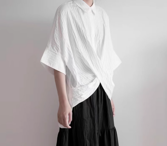 Loose Niche Design Striped Texture Short Sleeve Shirt 寬鬆小眾設計條紋肌理感輕薄短袖襯衫