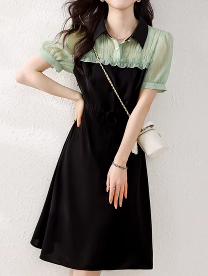 Contrast Lapel Waist Short Sleeve Trendy Skirt 氣質洋裝翻領撞色收腰短袖小黑潮裙