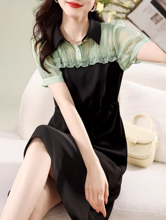 Contrast Lapel Waist Short Sleeve Trendy Skirt 氣質洋裝翻領撞色收腰短袖小黑潮裙