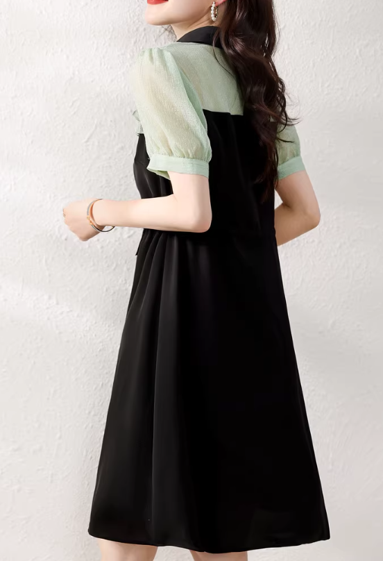 Contrast Lapel Waist Short Sleeve Trendy Skirt 氣質洋裝翻領撞色收腰短袖小黑潮裙