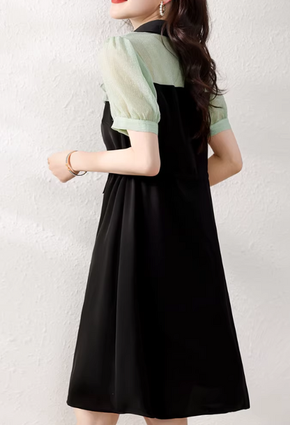 Contrast Lapel Waist Short Sleeve Trendy Skirt 氣質洋裝翻領撞色收腰短袖小黑潮裙