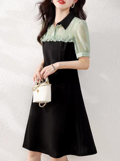 Contrast Lapel Waist Short Sleeve Trendy Skirt 氣質洋裝翻領撞色收腰短袖小黑潮裙