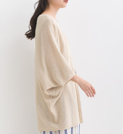 Openwork Cotton Blend Dolman Sleeve Cardigan Sweater  開襟空棉混紡蝙蝠袖毛衣鏤